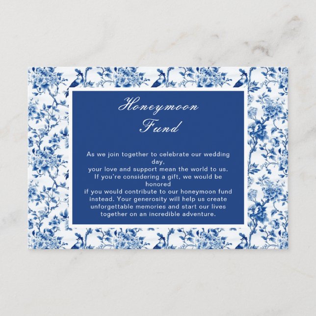 Tarjeta De Recepción Boda de Aves Azules y Flores Chinoiserie (Anverso)
