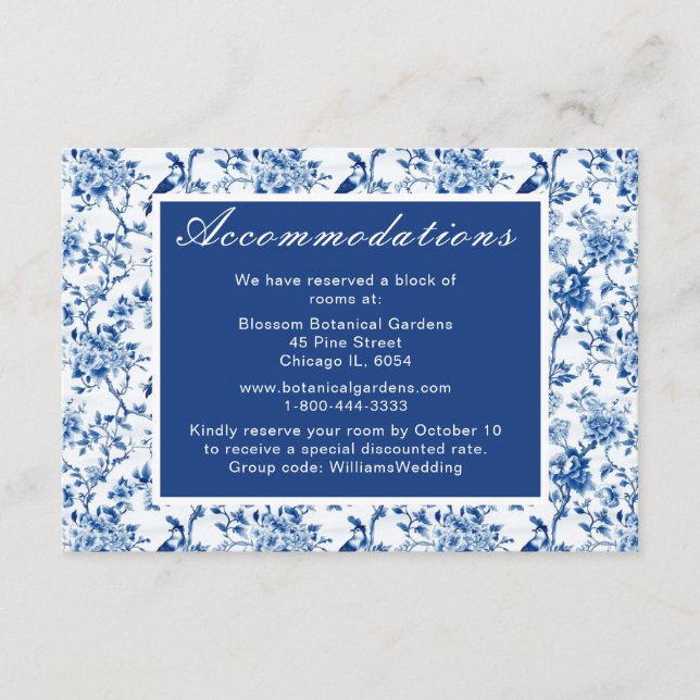 Tarjeta De Recepción Boda de Aves Azules y Flores Chinoiserie (Anverso)