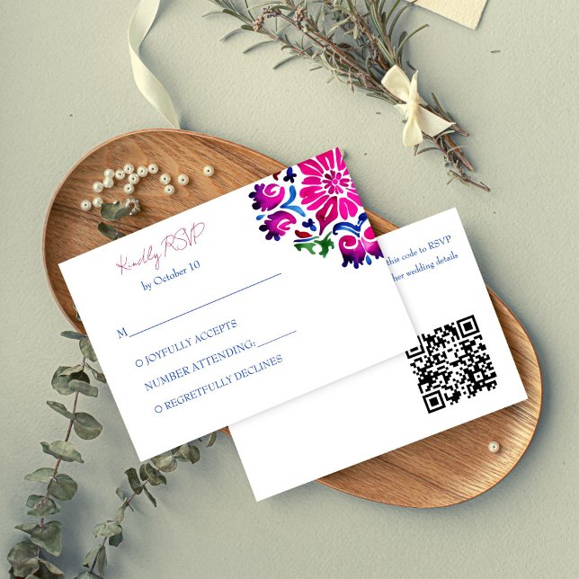 Tarjeta De Recepción Boda de azulejos azul rosado de Talavera Mexicana  (Pink blue Mexican Talavera tiles wedding RSVP Enclosure Card qr code RSVP card folk pattern bold)