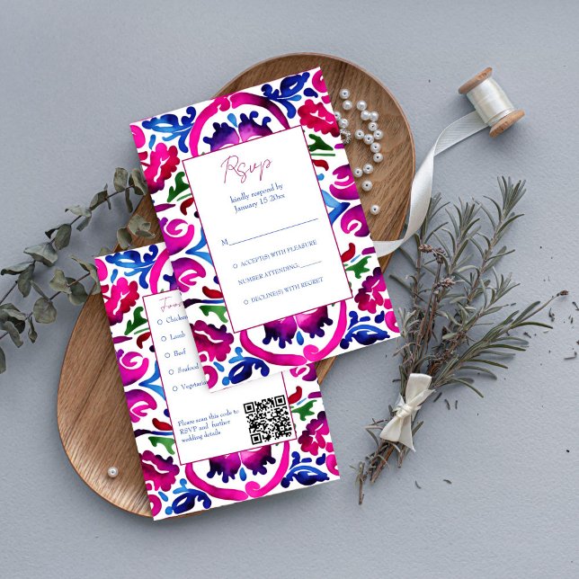Tarjeta De Recepción Boda de azulejos azul rosado de Talavera Mexicana  (Pink magenta blue Mexican Talavera tiles wedding RSVP Card Mediterranean Spanish themed wedding RSVP)