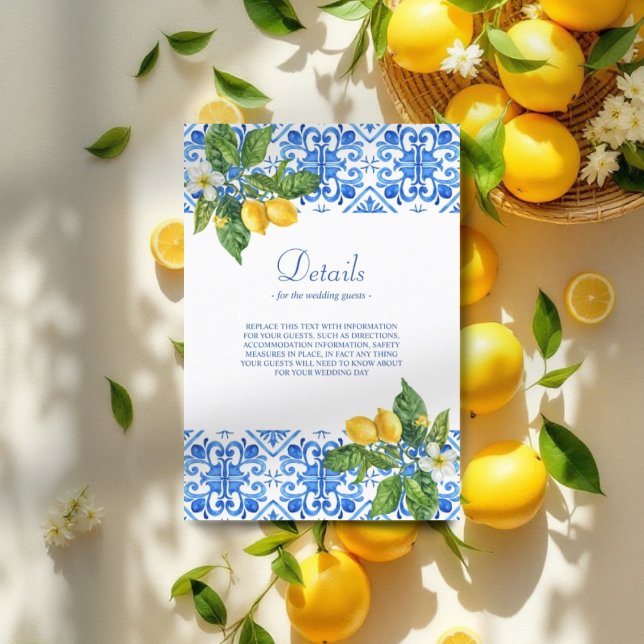 Tarjeta De Recepción Boda de azulejos azules y limones mediterráneos (Subido por el creador)
