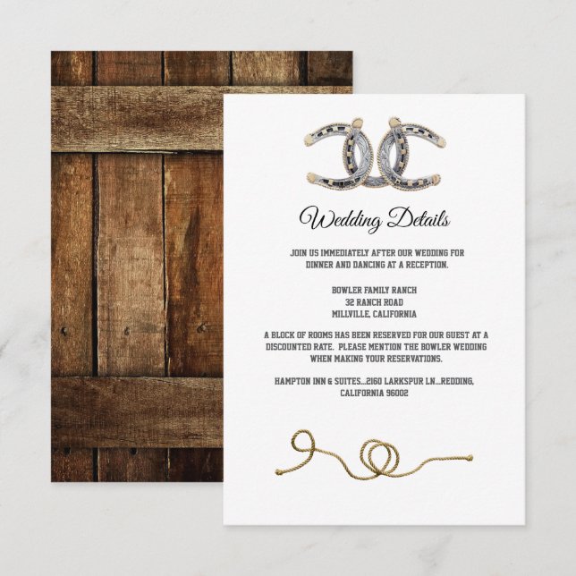 Tarjeta De Recepción Boda de Barnwood, Country Lace & Horseshoes (Anverso / Reverso)