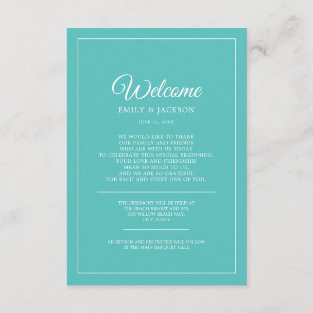 Tarjeta De Recepción Boda de bienvenida blanca turquesa (Anverso)