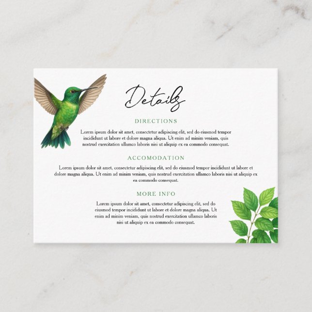 Tarjeta De Recepción Boda de borde botánico de leafy Green Hummingbird (Anverso)