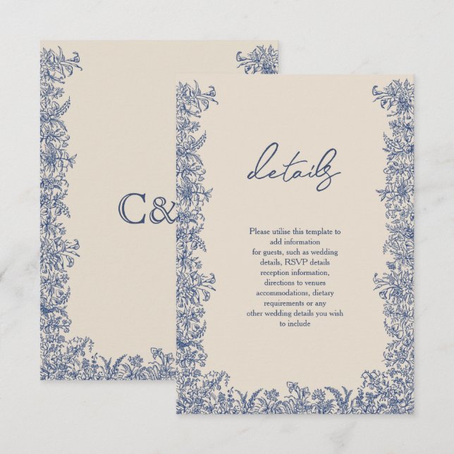 Tarjeta De Recepción Boda de borde floral azul (Anverso / Reverso)