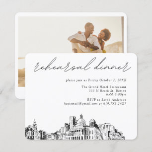 Tarjeta De Recepción Boda de Boston Elegante Esbozo Ensayo Cena
