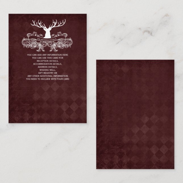 Tarjeta De Recepción Boda de Burgundy Rustic Antler Deer Woodland (Anverso / Reverso)