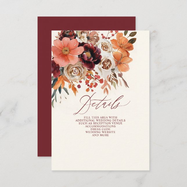 Tarjeta De Recepción Boda de caída floral de Naranja Borgoña (Anverso / Reverso)