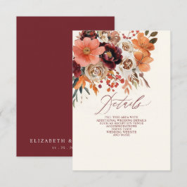 Tarjeta De Recepción Boda de caída floral de Naranja Borgoña