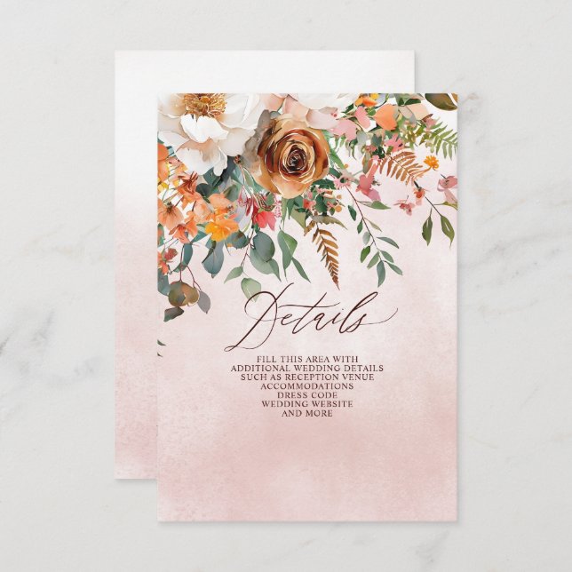 Tarjeta De Recepción Boda de caída floral de Naranja Rústico (Anverso / Reverso)