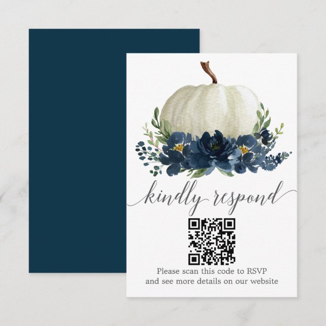 Tarjeta De Recepción Boda de calabaza floral azul de la marina QR RSVP (Anverso / Reverso)