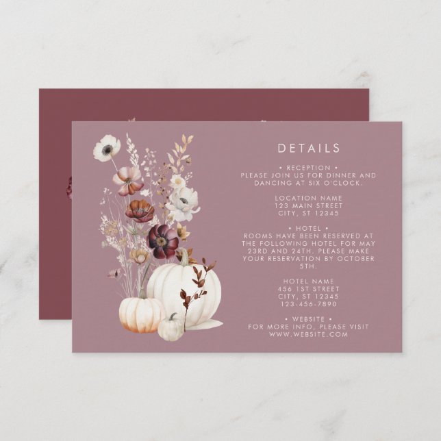 Tarjeta De Recepción Boda de calabaza floral de otoño rústico (Anverso / Reverso)