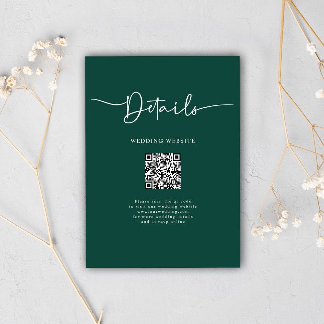 Tarjeta De Recepción Boda de caligrafía de código QR mínimo verde esmer (Emerald Green Minimal QR Code Calligraphy Wedding Enclosure Card)