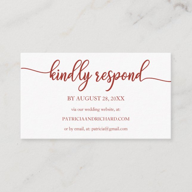 Tarjeta De Recepción Boda de caligrafía de terracota RSVP en línea (Anverso)
