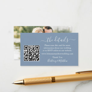 Tarjeta De Recepción Boda de caligrafía detalla QR Photo Dusty Blue