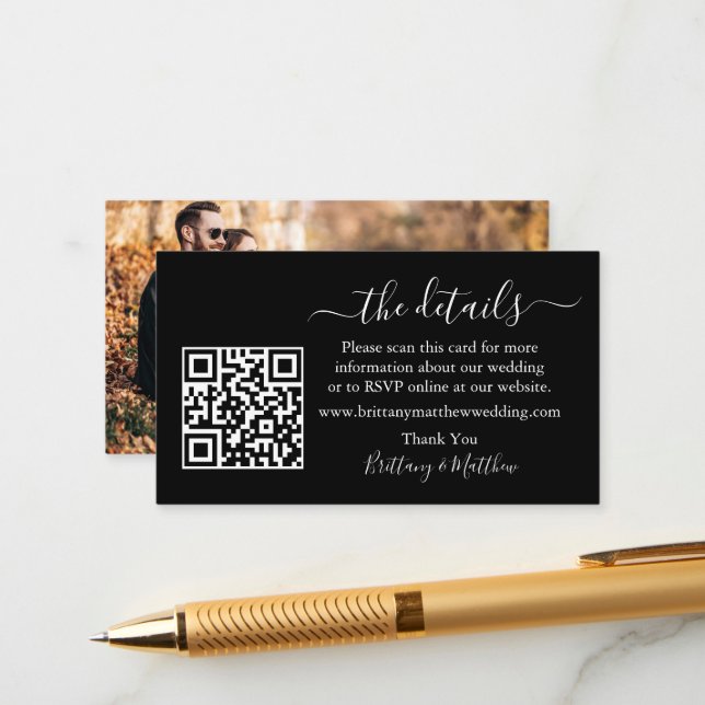 Tarjeta De Recepción Boda de caligrafía detalla sitio web QR Photo Blac (Anverso/Reverso In Situ)