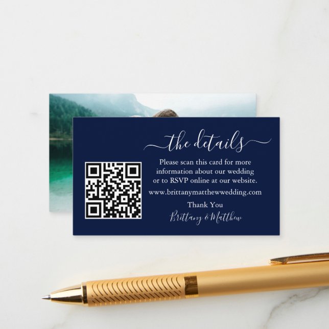 Tarjeta De Recepción Boda de caligrafía detalla sitio web QR Photo Blue (Anverso/Reverso In Situ)