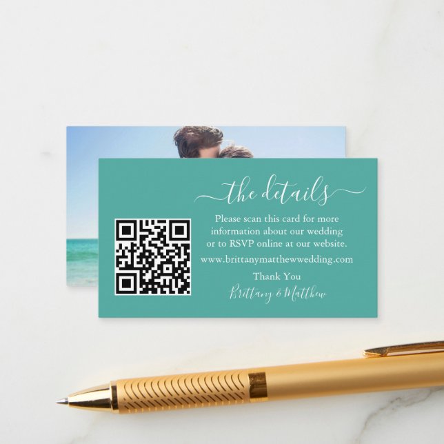 Tarjeta De Recepción Boda de caligrafía detalla sitio web QR Photo Verd (Anverso/Reverso In Situ)