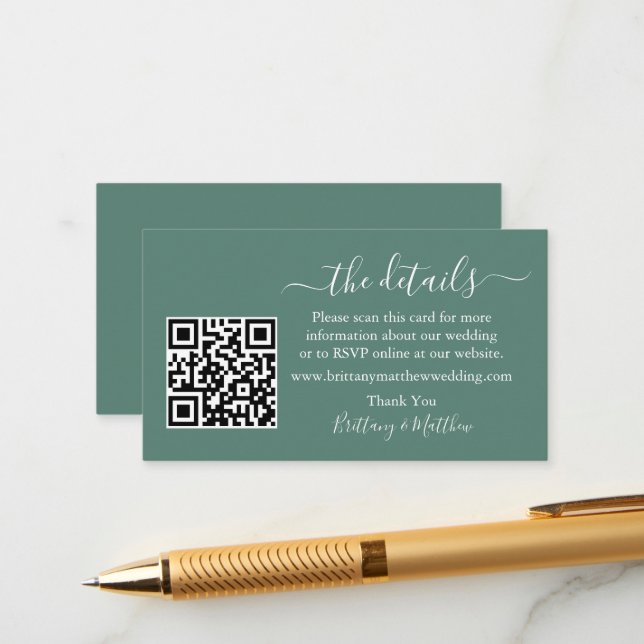 Tarjeta De Recepción Boda de caligrafía Detalles QR Eucalyptus Verde (Anverso/Reverso In Situ)