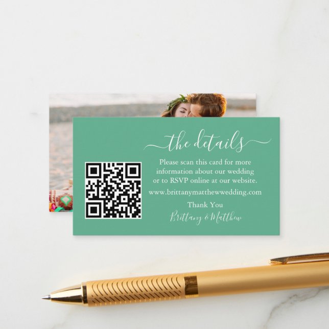 Tarjeta De Recepción Boda de caligrafía Detalles QR Foto Mint Green (Anverso/Reverso In Situ)