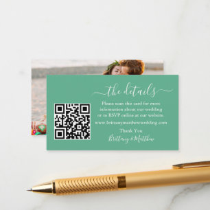 Tarjeta De Recepción Boda de caligrafía Detalles QR Foto Mint Green