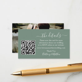 Tarjeta De Recepción Boda de caligrafía detalles QR Photo Sage Green