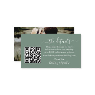 Tarjeta De Recepción Boda de caligrafía detalles QR Photo Sage Green