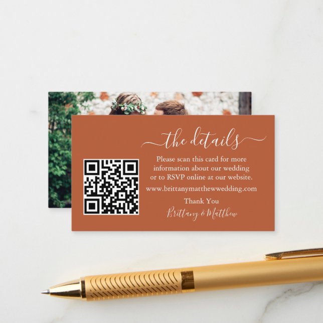 Tarjeta De Recepción Boda de caligrafía detalles QR Photo Terracotta (Anverso/Reverso In Situ)