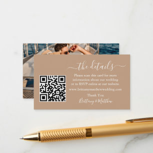 Tarjeta De Recepción Boda de caligrafía detalles web QR Photo Taupe