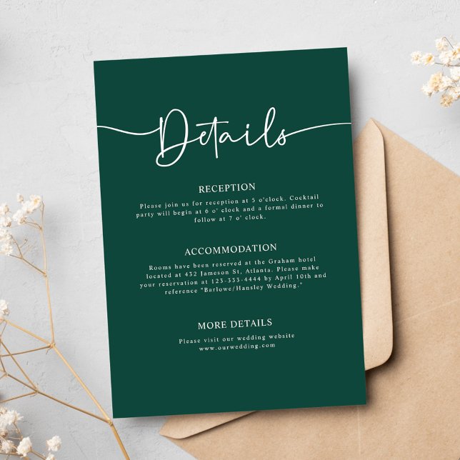 Tarjeta De Recepción Boda de caligrafía mínima moderna verde esmeralda (Emerald Green Modern Minimal Calligraphy Wedding Enclosure Card)