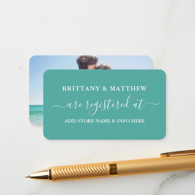 Tarjeta De Recepción Boda de caligrafía moderna foto Verde azulada (Anverso/Reverso In Situ)