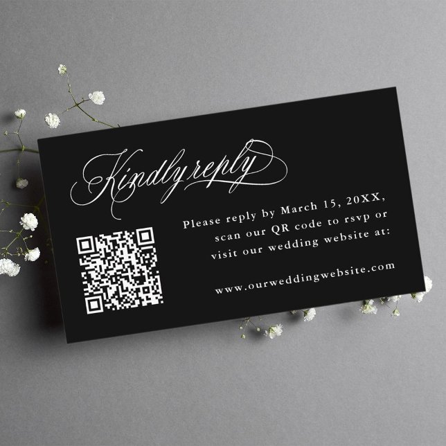 Tarjeta De Recepción Boda de caligrafía romántica negra Código QR RSVP (Subido por el creador)