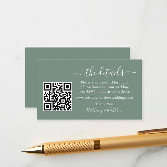 Tarjeta De Recepción Boda de caligrafía: sitio web QR Sage Green (Anverso/Reverso In Situ)
