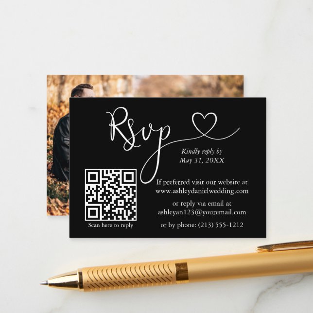 Tarjeta De Recepción Boda de Calligraphy Heart QR RSVP (Anverso/Reverso In Situ)