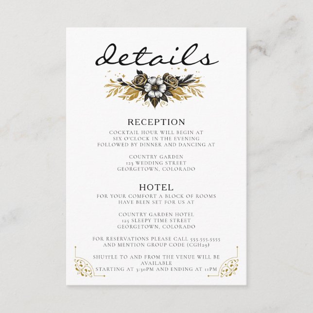 Tarjeta De Recepción Boda de campo negra y dorada (Anverso)