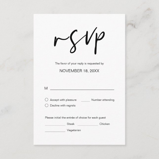 Tarjeta De Recepción Boda de cena RSVP, con opciones de comida (Anverso)