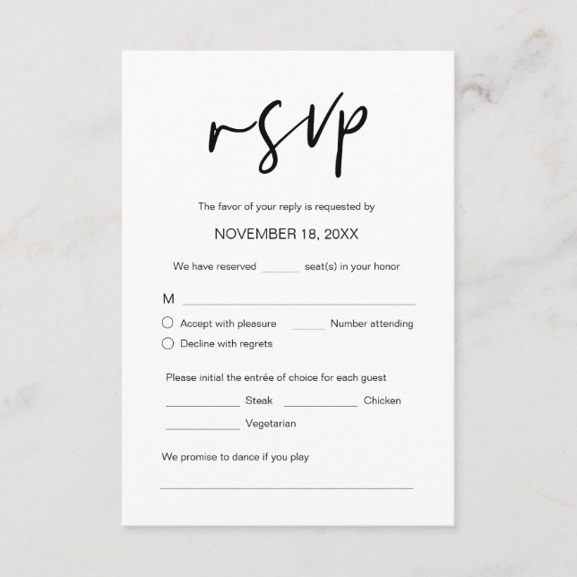Tarjeta De Recepción Boda de cena RSVP, opciones de comida, petición de (Anverso)