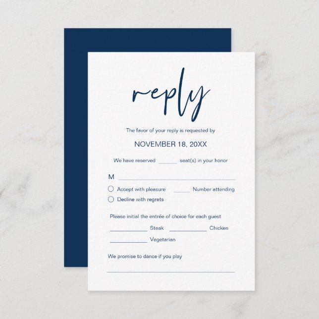 Tarjeta De Recepción Boda de cena RSVP, opciones de comida, petición de (Anverso / Reverso)