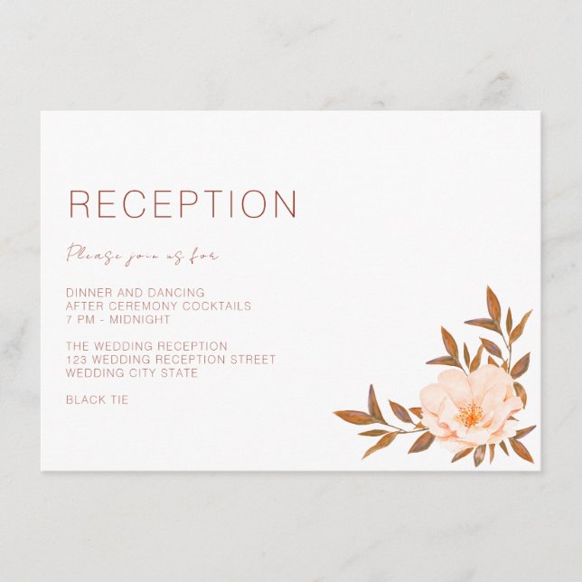 Tarjeta De Recepción Boda de cobre floral de acuarela de otoño (Anverso)