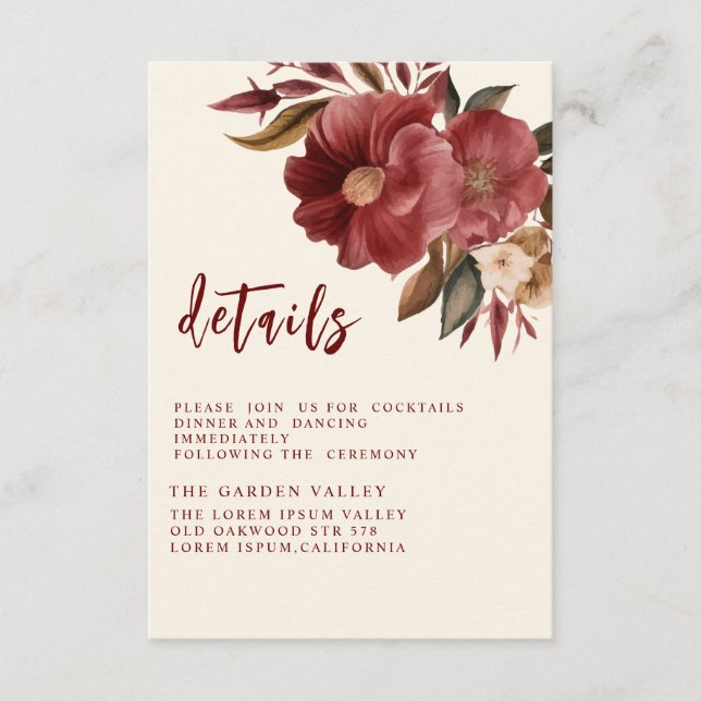 Tarjeta De Recepción Boda de cobre rojo de Borgoña romántica (Anverso)
