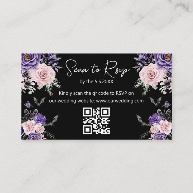 Tarjeta De Recepción boda de código elegante de halloween rsvp qr negro (Anverso)