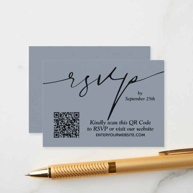 Tarjeta De Recepción Boda de código QR azul oscuro de Moda simple (Anverso/Reverso In Situ)
