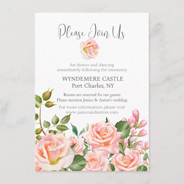 Tarjeta De Recepción Boda de código QR botánico rosa Rubor (Anverso)