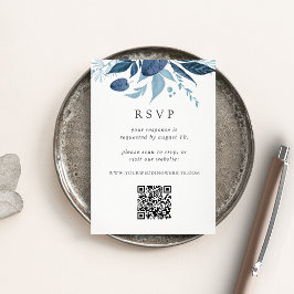 Tarjeta De Recepción Boda de código QR botánico salvaje Azure Blue RSVP