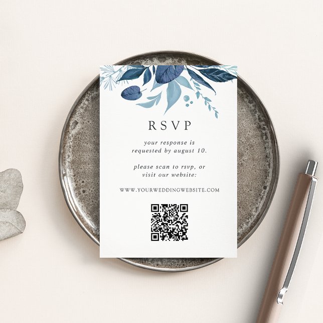 Tarjeta De Recepción Boda de código QR botánico salvaje Azure Blue RSVP (Subido por el creador)