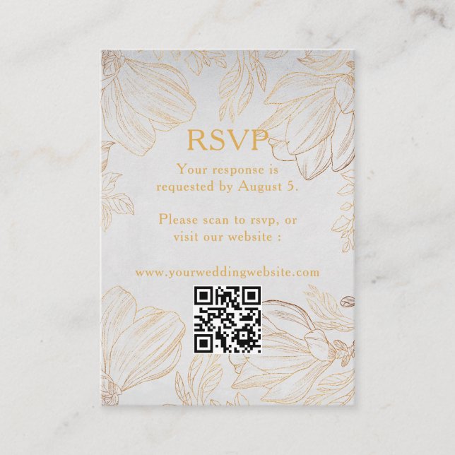 Tarjeta De Recepción Boda de código QR con flor dorado botánico RSVP (Anverso)