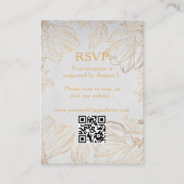 Tarjeta De Recepción Boda de código QR con flor dorado botánico RSVP