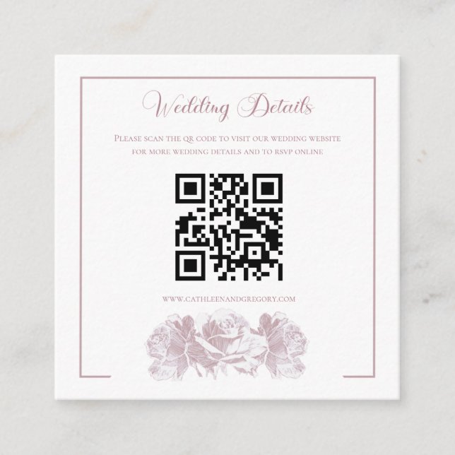Tarjeta De Recepción Boda de código QR de caligrafía rosa polvorienta (Anverso)