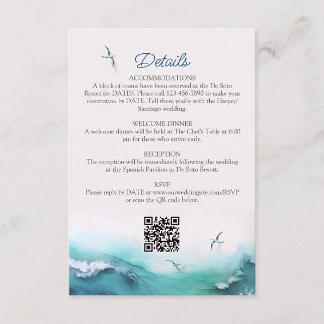 Tarjeta De Recepción Boda de código QR de detalles de destino de playa (Anverso)