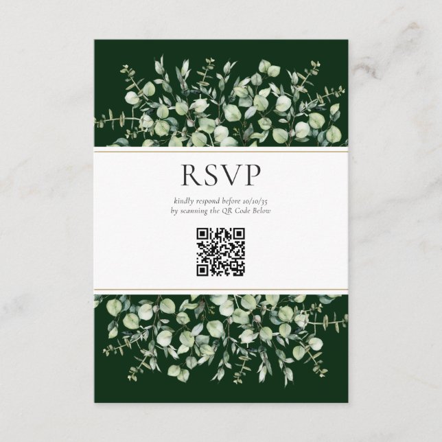 Tarjeta De Recepción Boda de código QR de eucalipto verde oscuro RSVP (Anverso)